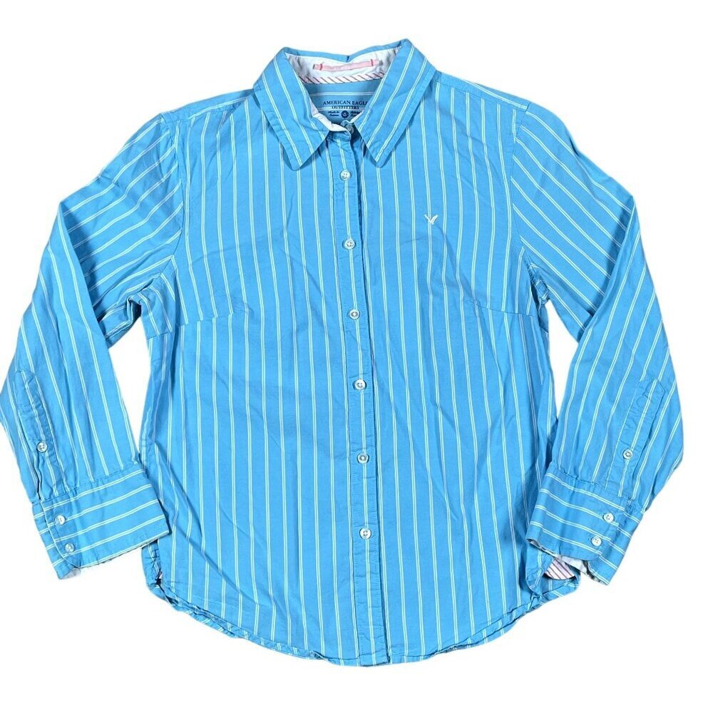 American Eagle Outfitters‎ Baby Blue Striped Button Down Shirt Womens Size 4
